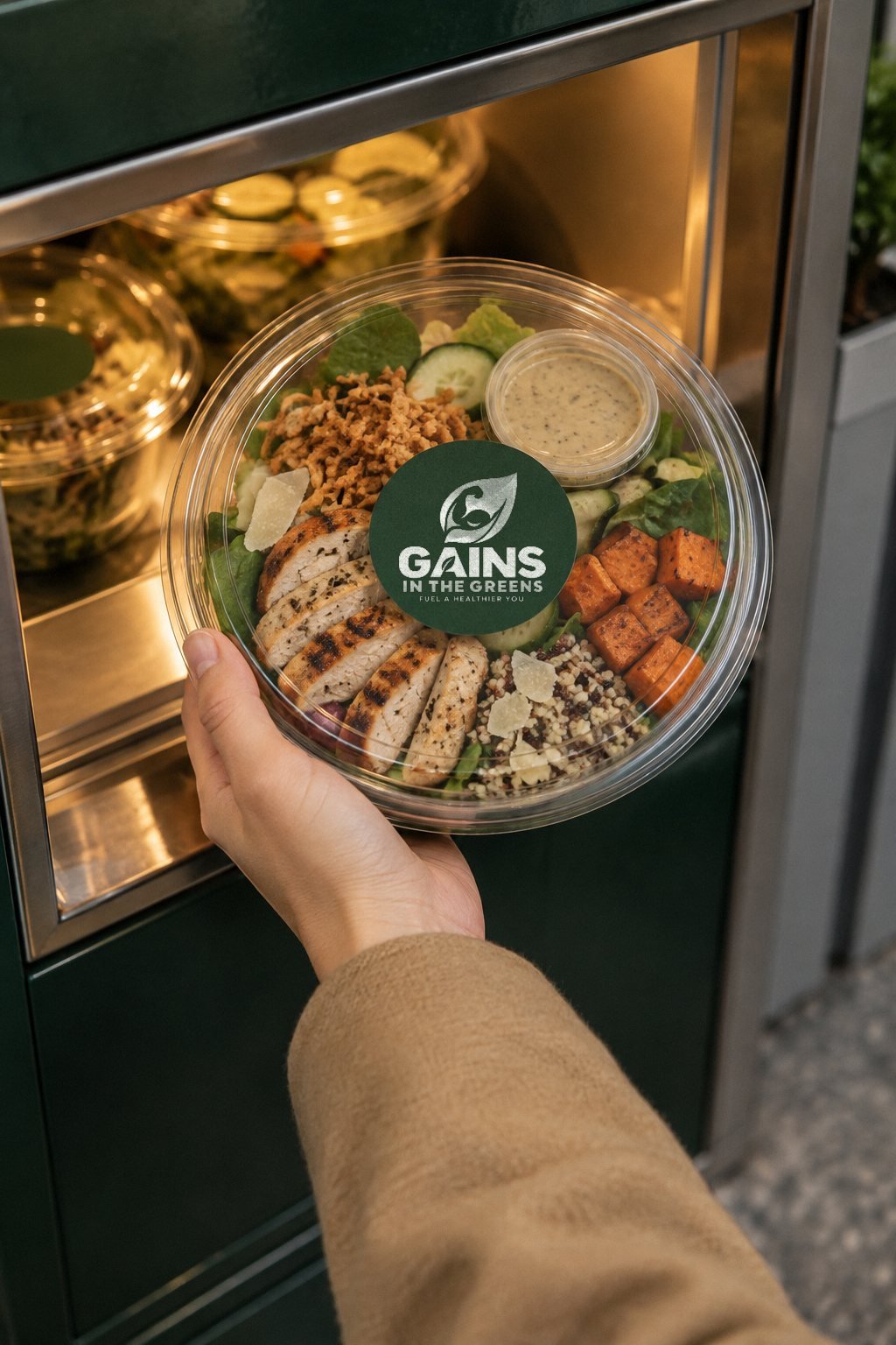 Taking a Chicken Caesar Crunch bowl with a Gains in the Greens sticker out of the fridge