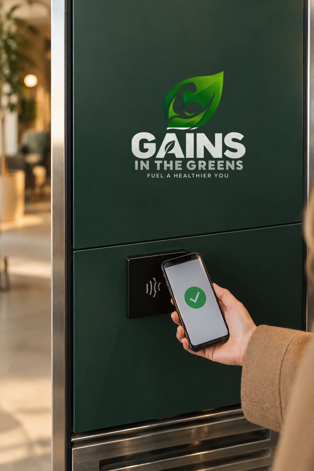 Paying by phone at the contactless reader on the Gains in the Greens fridge